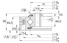 交叉滾子軸承 XSU140944, 標準系列 14， 無齒輪齒，兩側唇密封