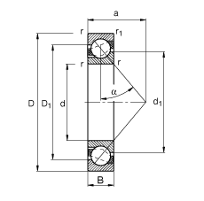 角接觸球軸承 7315-B-TVP, 根據 DIN 628-1 標準的主要尺寸，接觸角 α = 40°
