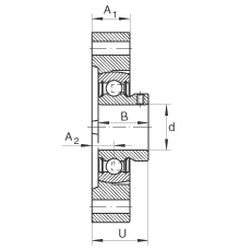 軸承座單元 FLCTEY25, 帶兩個螺栓孔的法蘭的軸承座單元，鑄鐵， 內(nèi)圈帶平頭螺釘， P 型密封，無再潤滑結(jié)構(gòu)