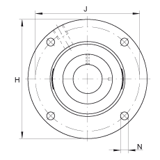 軸承座單元 RMEO100, 帶四個(gè)螺栓孔的法蘭的軸承座單元，鑄鐵，定心凸出物，偏心鎖圈，系列 63，R密封