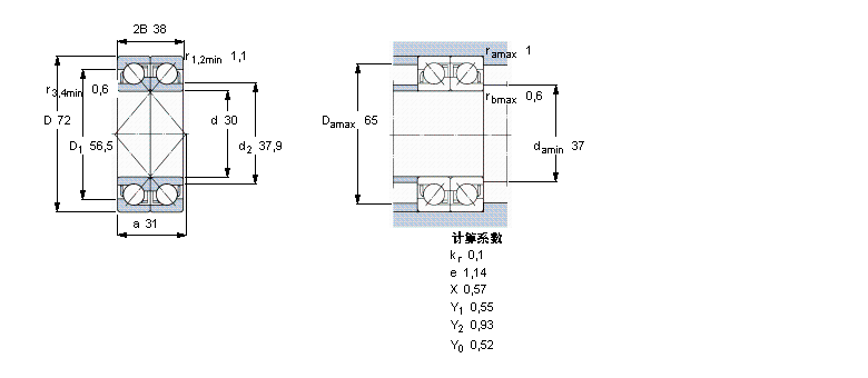 SKF 角接觸球軸承, 單列，用于配對(duì)安裝, 面對(duì)面配對(duì)2×7306BECBY樣本圖片