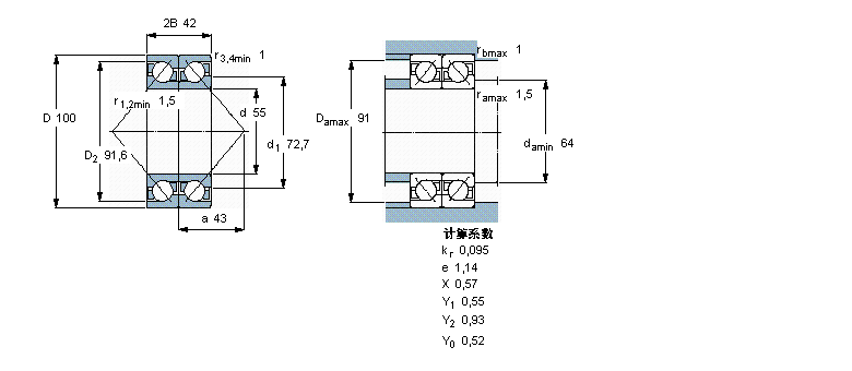 SKF 角接觸球軸承, 單列，用于配對安裝, 背對背配對2×7211BEGAP樣本圖片