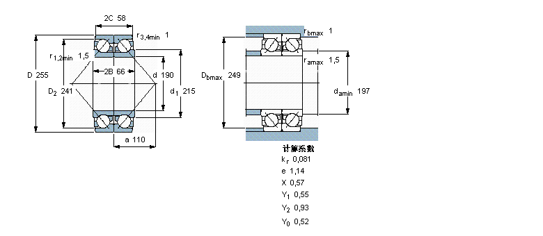 SKF 角接觸球軸承, 單列，用于配對安裝, 背對背配對2×466880樣本圖片