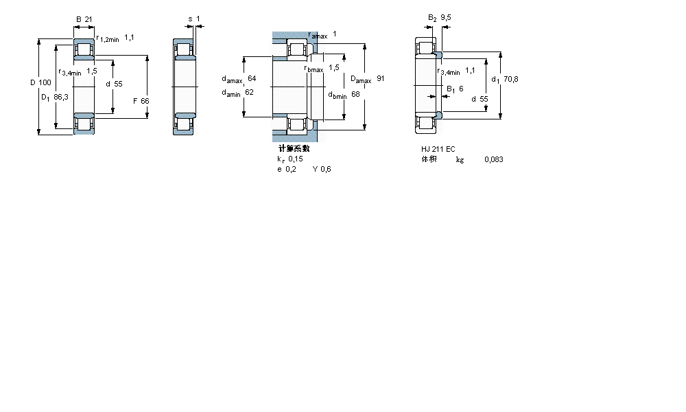 SKF 圓柱滾子軸承, 單列, NU 設(shè)計(jì)NU211ECJ樣本圖片