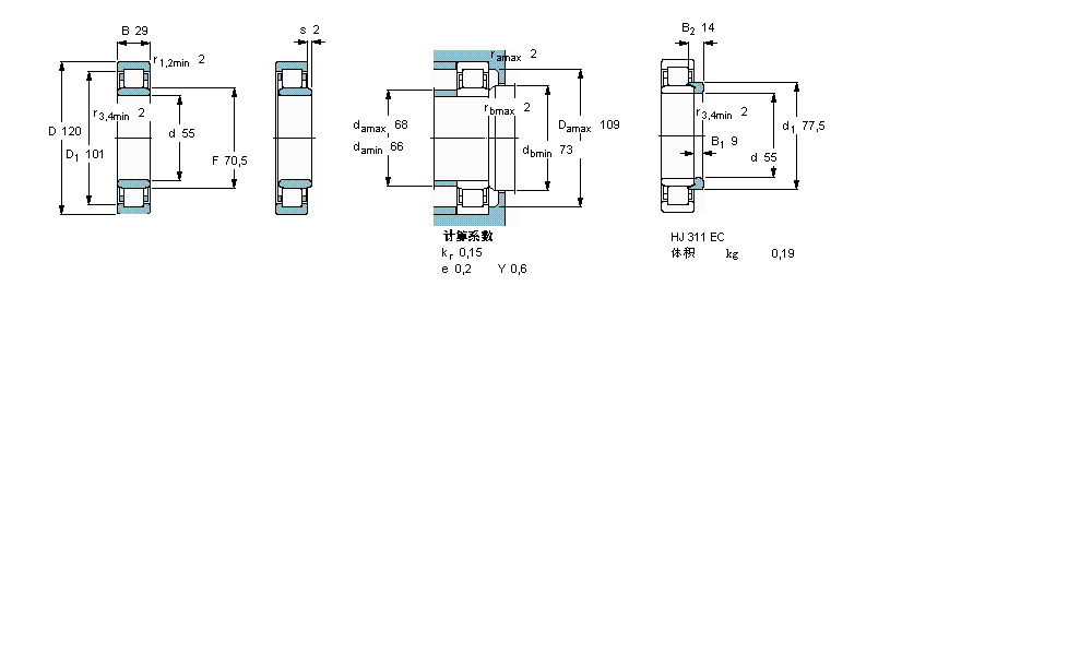 SKF 圓柱滾子軸承, 單列, NU 設(shè)計(jì)NU311ECJ樣本圖片