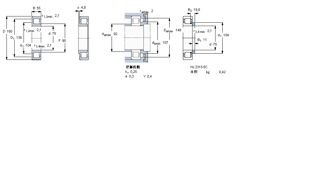 SKF 圓柱滾子軸承, 單列, NJ 設(shè)計, 于外圈的兩個帶定位槽NJ2315ECN2ML樣本圖片