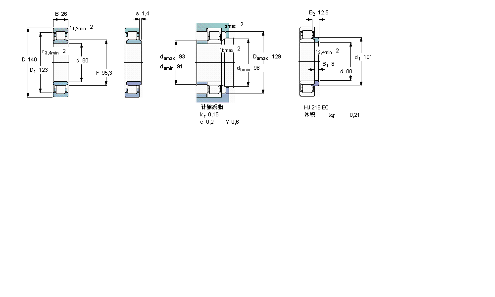 SKF 圓柱滾子軸承, 單列, NU 設計NU216ECM樣本圖片