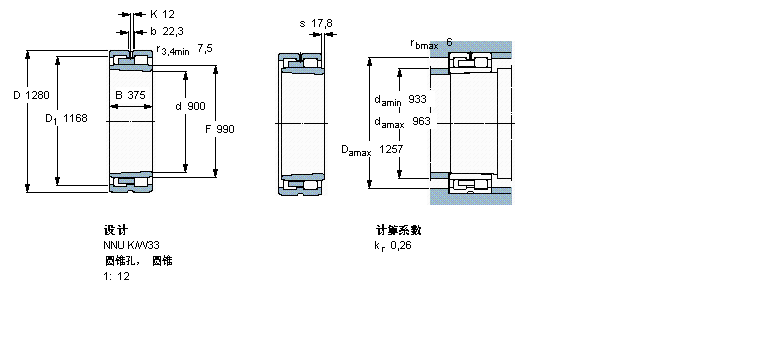 SKF 圓柱滾子軸承, 雙列, NNU K, 圓錐型內(nèi)孔NNU40/900KM/W33樣本圖片