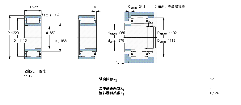 SKF CARB圓環(huán)滾子軸承, 圓柱和圓錐孔, 圓錐型內(nèi)孔, 與保持架C30/850KMB樣本圖片