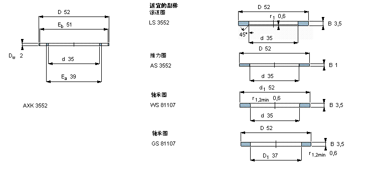 SKF 滾針推力軸承, 滾針與保持架推力組件 and bearings with centring spigot, 滾針與保持架推力組件AXK3552樣本圖片