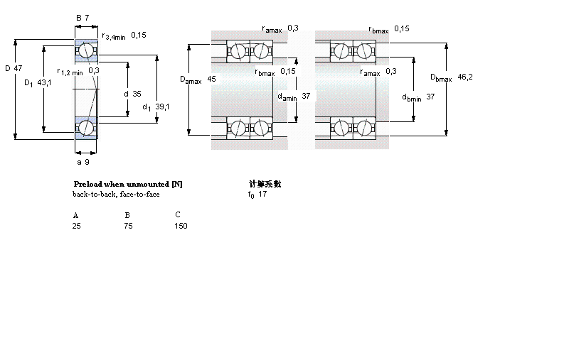 SKF 角接觸球軸承, 精密, CD, contact angle 15&deg;, super-precision71807CD/P4A樣本圖片