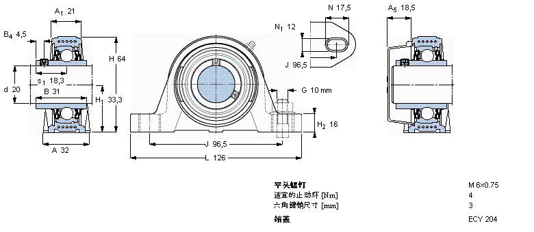 SKF Y-型立式軸承座單元, Y-技術(shù)，平頭螺釘鎖定，食品級用油脂SYKC20NTH樣本圖片
