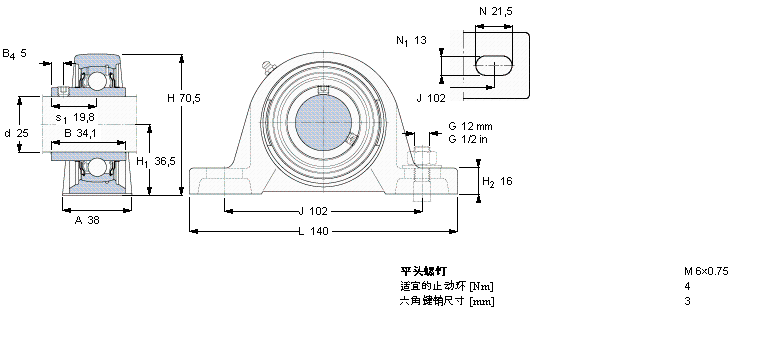 SKF Y-型立式軸承座單元, 鑄造軸承座，平頭螺釘鎖緊定, 公制軸承SYJ25TF樣本圖片