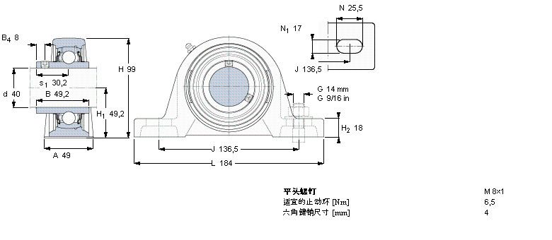 SKF Y-型立式軸承座單元, 鑄造軸承座，平頭螺釘鎖緊定, 公制軸承SYJ40TF樣本圖片
