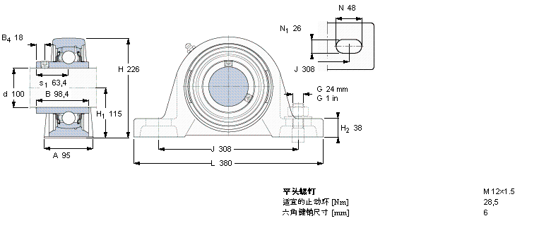 SKF Y-型立式軸承座單元, 鑄造軸承座，平頭螺釘鎖緊定, 公制軸承SYJ100TF樣本圖片
