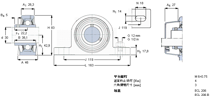 SKF Y-型立式軸承座單元, 聚酯軸承座，平頭螺釘鎖定，可用于食品行業(yè)的滑脂, 公制軸承SYL30TH樣本圖片
