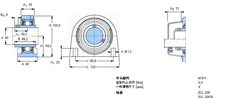 SKF Y-型立式軸承座單元, 短基座聚酯軸承座，平頭螺釘鎖定，可用于食品行業(yè)的滑脂, 公制軸承SYFL40TR/VE495樣本圖片