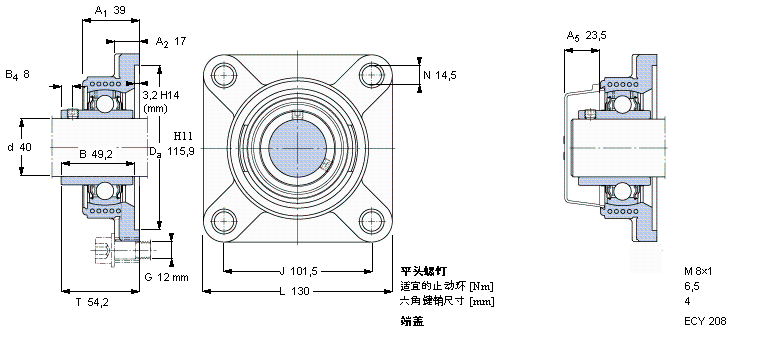 SKF Y-型軸承帶法蘭單元, Y-技術(shù)，方軸承座，平頭螺釘鎖定FYK40TF樣本圖片
