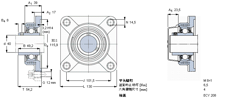 SKF Y-型軸承帶法蘭單元, Y-技術(shù)，方軸承座，平頭螺釘鎖定FYK40TR樣本圖片