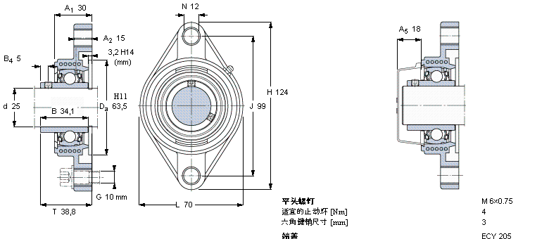 SKF Y-型軸承帶法蘭單元, Y-技術(shù)，橢圓軸承座，平頭螺釘鎖定，食品級用油脂F(xiàn)YTBKC25NTH樣本圖片