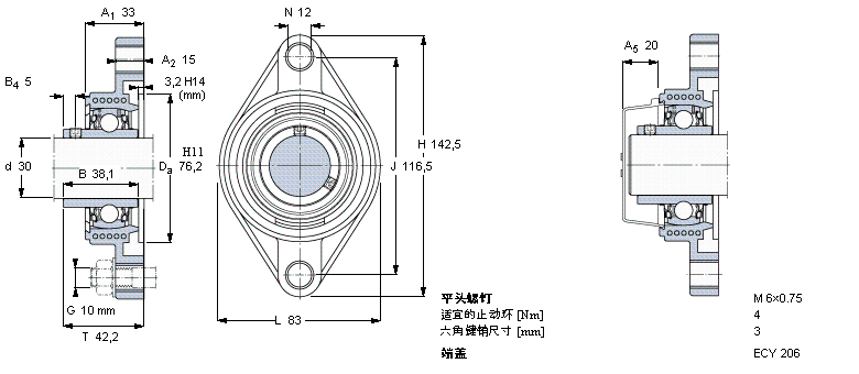 SKF Y-型軸承帶法蘭單元, Y-技術(shù)，橢圓軸承座，平頭螺釘鎖定FYTBK30TR樣本圖片