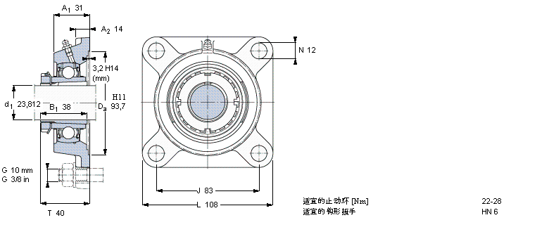 SKF Y-型軸承帶法蘭單元, 方形鑄造軸承座，緊定套, 英制軸承FYJ30KF樣本圖片