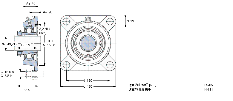 SKF Y-型軸承帶法蘭單元, 方形鑄造軸承座，緊定套, 英制軸承FYJ55KF樣本圖片