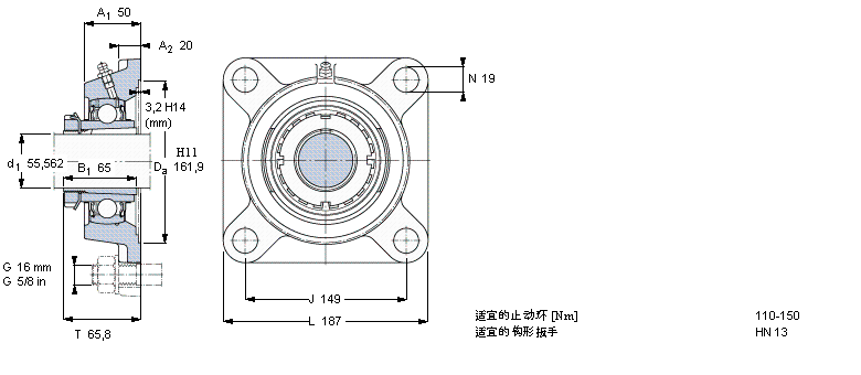 SKF Y-型軸承帶法蘭單元, 方形鑄造軸承座，緊定套, 英制軸承FYJ65KF樣本圖片