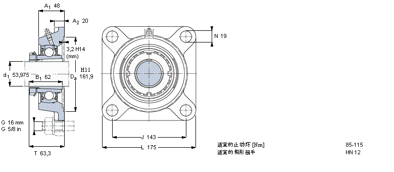 SKF Y-型軸承帶法蘭單元, 方形鑄造軸承座，緊定套, 英制軸承FYJ60KF樣本圖片