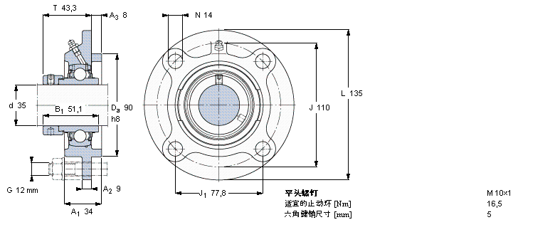 SKF Y-型軸承帶法蘭單元, 圓形鑄造軸承座，偏心鎖定軸環(huán)FYC35WF樣本圖片