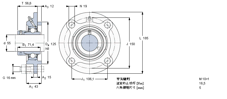 SKF Y-型軸承帶法蘭單元, 圓形鑄造軸承座，偏心鎖定軸環(huán)FYC55WF樣本圖片