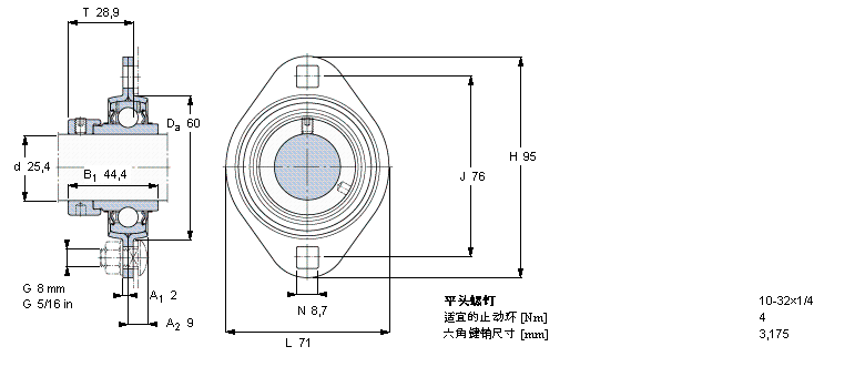 SKF Y-型軸承帶法蘭單元, 沖壓鋼軸承座，偏心鎖定軸環(huán)YEL205-100-2樣本圖片