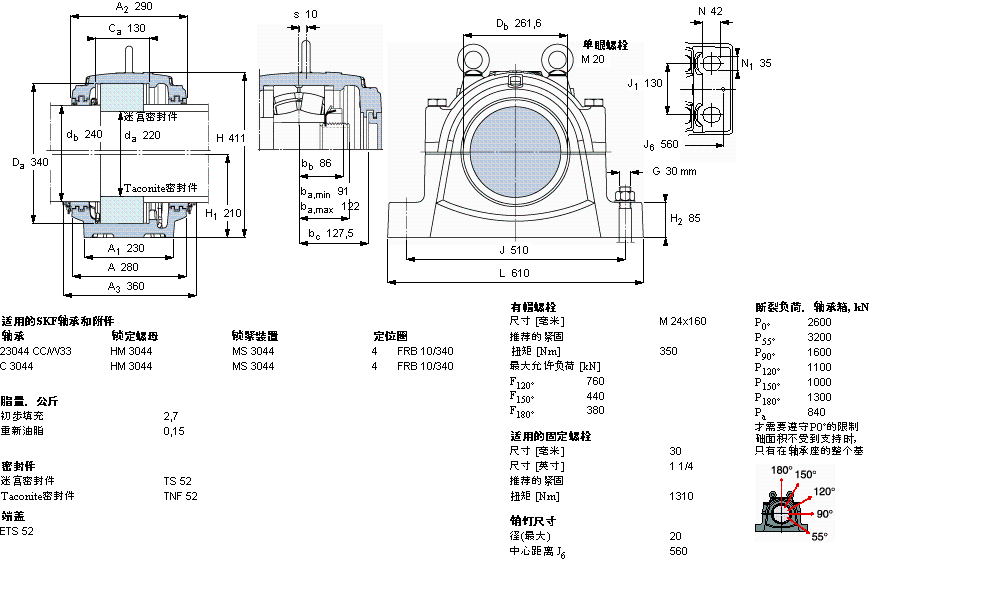 SKF 剖分立式軸承座, 大型SNL, 用于安裝帶圓柱孔的軸承 ，標(biāo)準(zhǔn)密封SNL3044G樣本圖片
